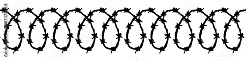 Black seamless coiled barbed wire silhouette. Horizontal concertina razor wire border isolated on white. Vector graphic element for security, prison, military boundary, danger, restricted area concept