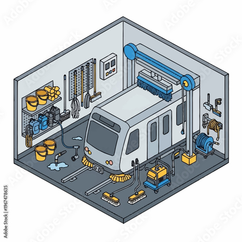 Isometric View of a Train Being Washed in a Maintenance Bay.