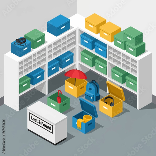 Lost and Found Department with Shelves and Various Items.