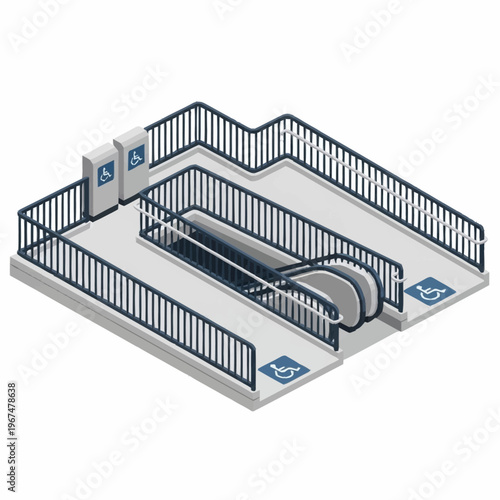 Accessible Escalator Entrance with Wheelchair Symbol and Safety Railings.
