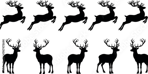 Vector Set of Black Deer Silhouettes in Various Poses for Wildlife, Nature, and Outdoor Adventure Designs