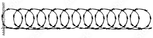 Black seamless coiled barbed wire silhouette. Horizontal concertina razor wire border isolated on white. Vector graphic element for security, prison, military boundary, danger, restricted area concept