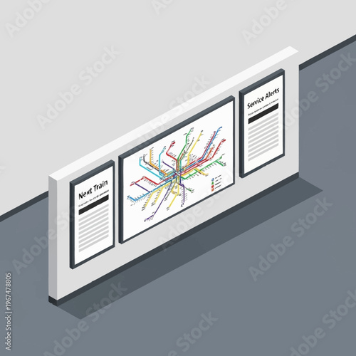 Isometric View of Subway Information Display with Map and News.