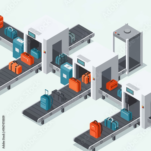 Airport Security Checkpoint with Luggage on Conveyor Belts.