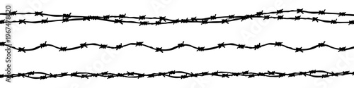 Hand-drawn black barbed wire silhouette frame. Seamless vector barbwire border and fencing pattern. Security, war, migration issues, prison, restricted area, or danger concept. Isolated on white.