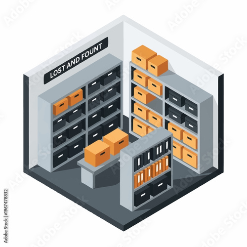 Isometric Lost and Found Room with Shelves and Boxes.