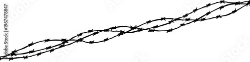 Hand-drawn black silhouette of intertwined barbed wire isolated on transparent background. Twisted diagonal vector barbwire barrier. Security, war, migration issues, restricted area, or danger concept