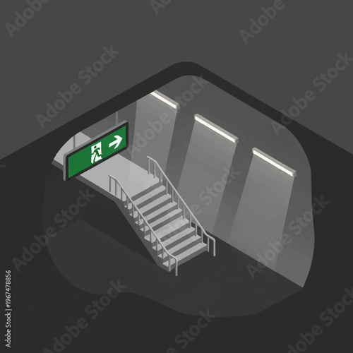 Isometric View of Emergency Exit Stairway with Green Sign.