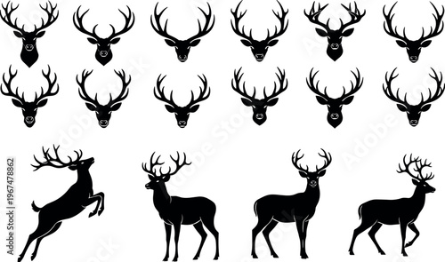 Vector Set of Black Deer Silhouettes with Antlers in Multiple Poses Including Standing, Jumping, and Detailed Headshots