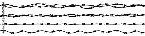 Black barbed wire border isolated on white. Horizontal seamless silhouette of straight and wavy barbwire fence, razor wires. Security, military border, prison, restricted area, war concept