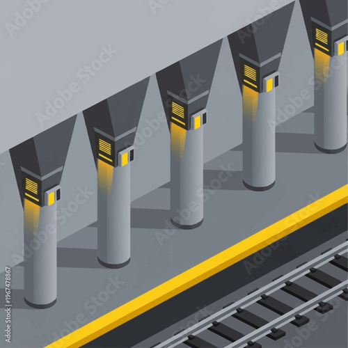 Isometric Subway Platform with Columns and Safety Line.