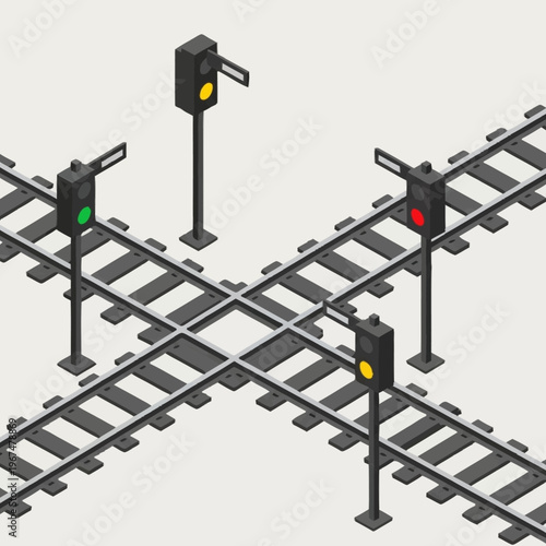 Isometric Railway Intersection with Traffic Lights Signalling.