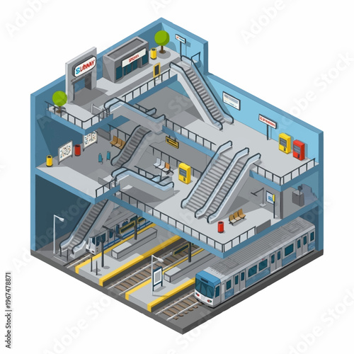 Isometric Subway Station Cross-Section with Escalators and Train.