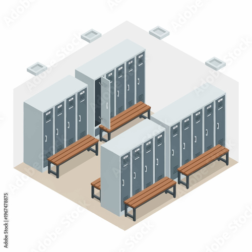 Isometric Locker Room Illustration with Benches and Storage.