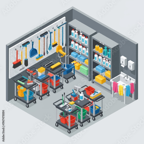 Isometric Cleaning Supply Room with Carts and Shelves.