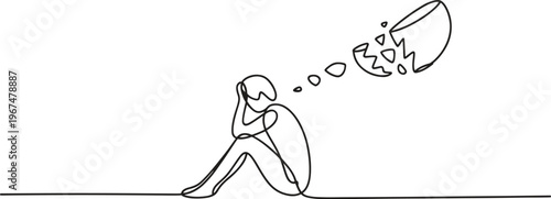 A sad person sits hunched with a shattered thought bubble in minimalist line art.