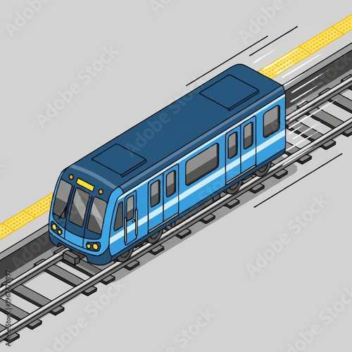 Isometric Blue Subway Train on Tracks Illustration.