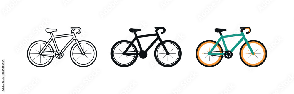 Obraz premium Three bicycle icons in outline, solid black, and colorful designs