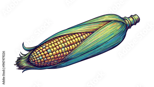Vibrant, stylized illustration of a partially peeled ear of corn with colorful husks