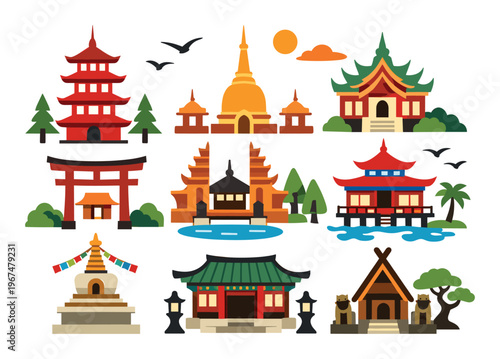 Asian landmarks collection featuring iconic cultural and religious architecture from different countries, perfect for travel and tourism concepts