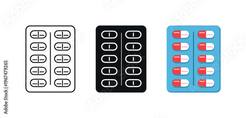 Three different styles of blister packs with pills, representing medical treatment options