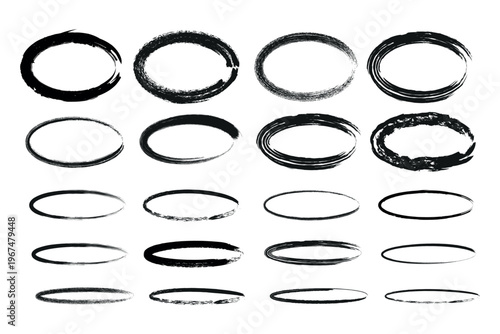 Variations of hand-drawn elliptical and oval shapes with differing stroke styles isolated on transparent background