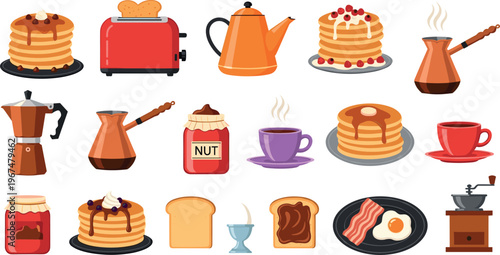 Vector Set of Breakfast Items Including Pancakes, Coffee, Toaster, Nut Butter, Bacon, Toast, and Breakfast Tableware