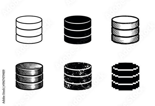 Stacked disk cylinder icon used to represent online databases and cloud based data services | Create ONE image containing EXACTLY