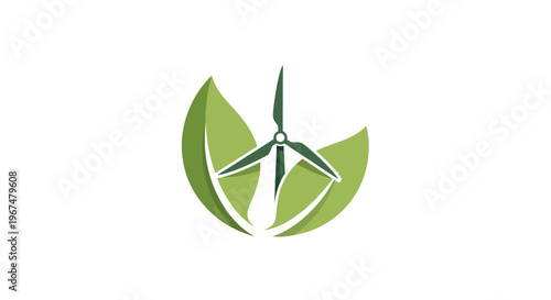 Green energy concept with wind turbine and leaf.