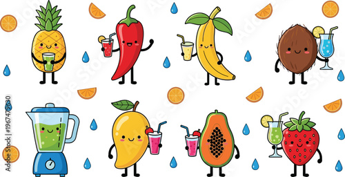 Cute fruit characters set with pineapple, banana, strawberry, papaya and smoothies, funny cartoon food vector illustration collection