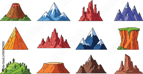 Mountain icon collection with volcano, rocky peaks, cliffs and hills, colorful nature landscape elements flat vector illustration