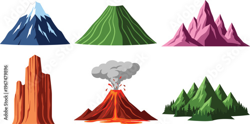Mountain landscape set with volcano eruption, rocky cliffs, forest hills and snow peaks, flat vector illustration collection