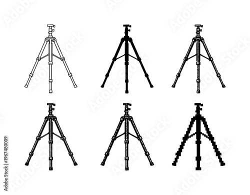Six Tripod Variants. Professional studio tripod stand with extended legs and central column for stable camera positioning | Create