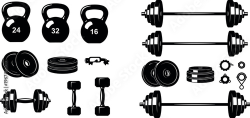 Vector Set of Dumbbells, Kettlebells, and Weight Plates for Fitness, Gym Equipment, and Strength Training Illustrations