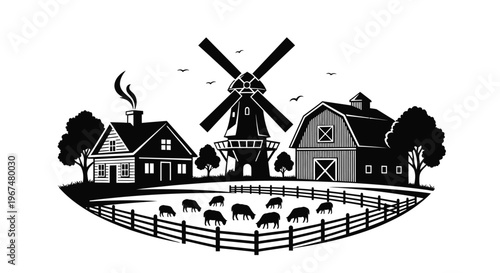 An idyllic farm scene features a windmill, barn, and house with sheep grazing in a fenced pasture.