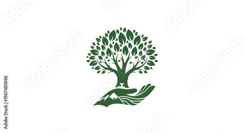Green tree growing from open hand symbol.