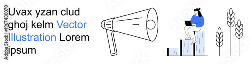 Digital communication, online marketing, agriculture, content creation, productivity, remote work. A megaphone, grain stalks and person with a laptop on abstract blocks. Communication and online