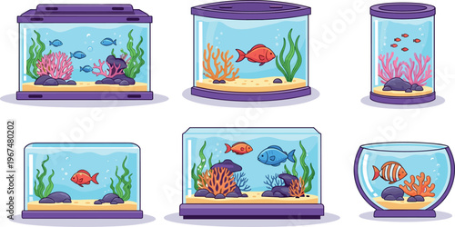 Vector Set of Fish Tanks with Colorful Fish, Coral, Aquatic Plants, and Marine Decor for Pet, Aquarium, and Aquatic Life Designs