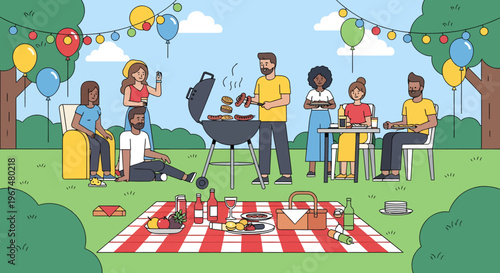 People enjoying outdoor picnic in park.