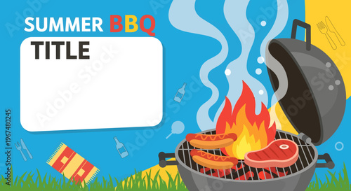 Summer BBQ invitation with grill and food.