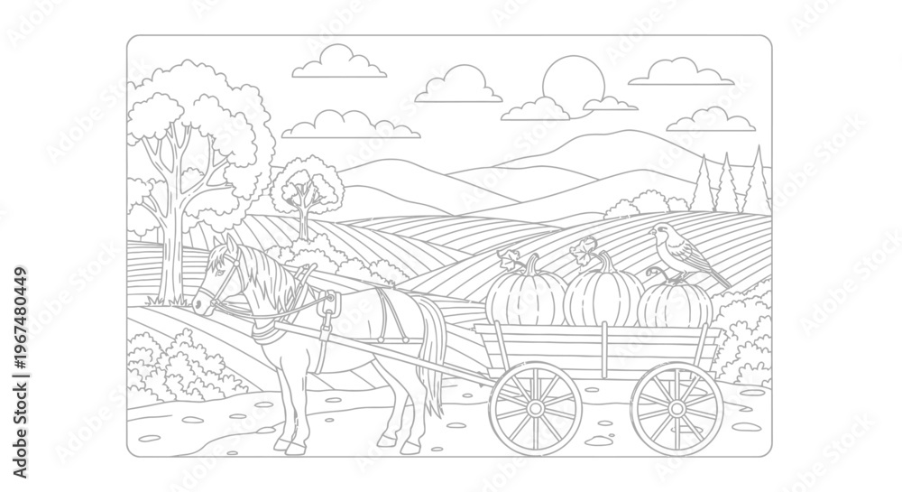 Obraz premium Horse-drawn cart filled with pumpkins in a rural landscape setting.