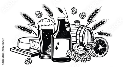 Arrangement of beer ingredients and products, including hops, barley, and barrel.