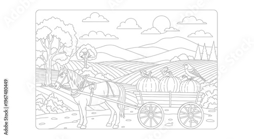 Horse-drawn cart filled with pumpkins in a rural landscape setting.