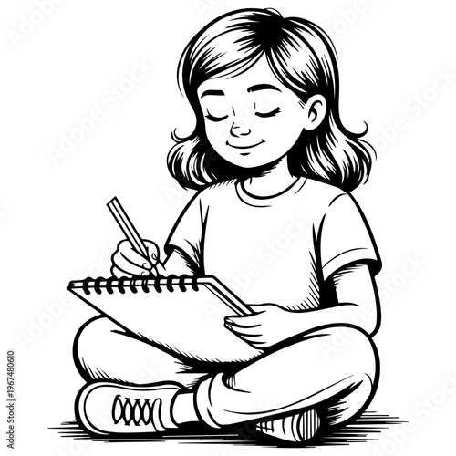 Black and white illustration of a young girl sitting cross-legged and drawing in a sketchbook