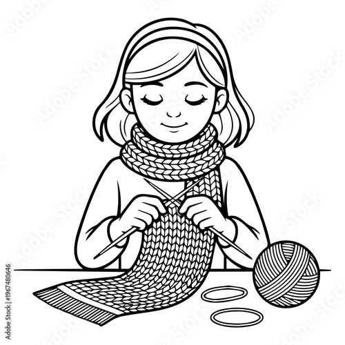 Young girl knitting a long scarf with needles and a ball of yarn coloring page for kids