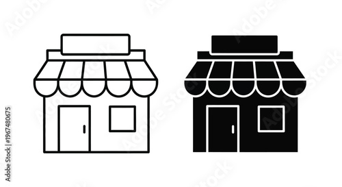 Two stylized shop fronts, one outlined and one solid black, represent commerce and retail.
