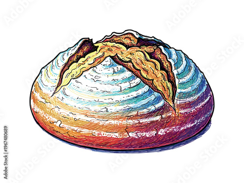 Artistic drawing of a crusty artisan sourdough loaf with colorful textured crust