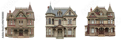 Classic Victorian era house exterior set isolated on white background, Ornate historic mansion and vintage villa real estate concept