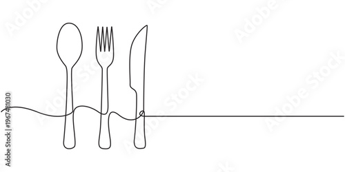 Fotografia one continuous line drawing of fork and spoon on white background
