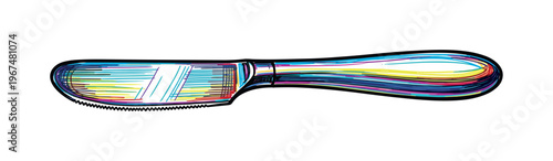 Artistic butter knife with colorful abstract lines on white background